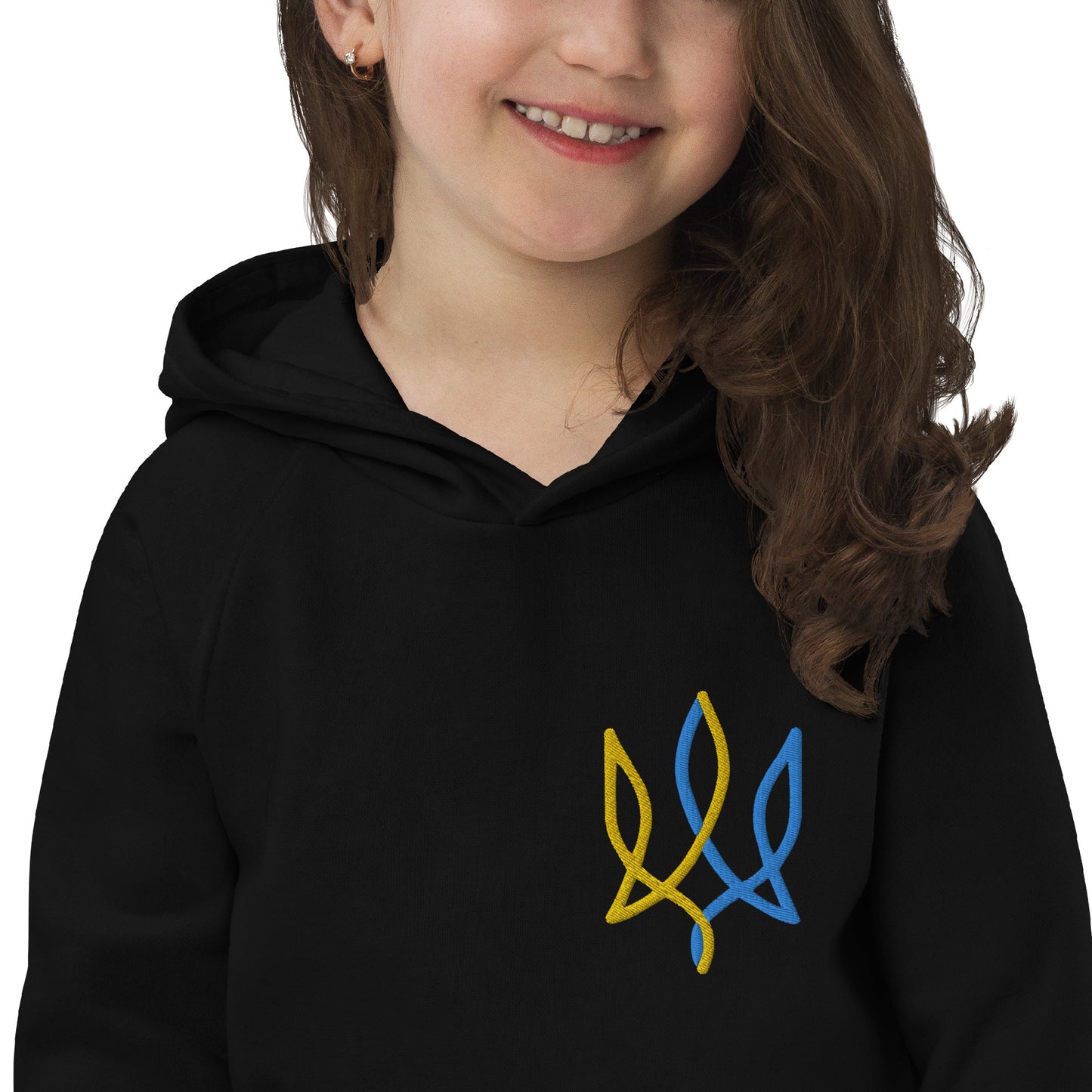 Kids eco hoodie with tryzub embroidery in color