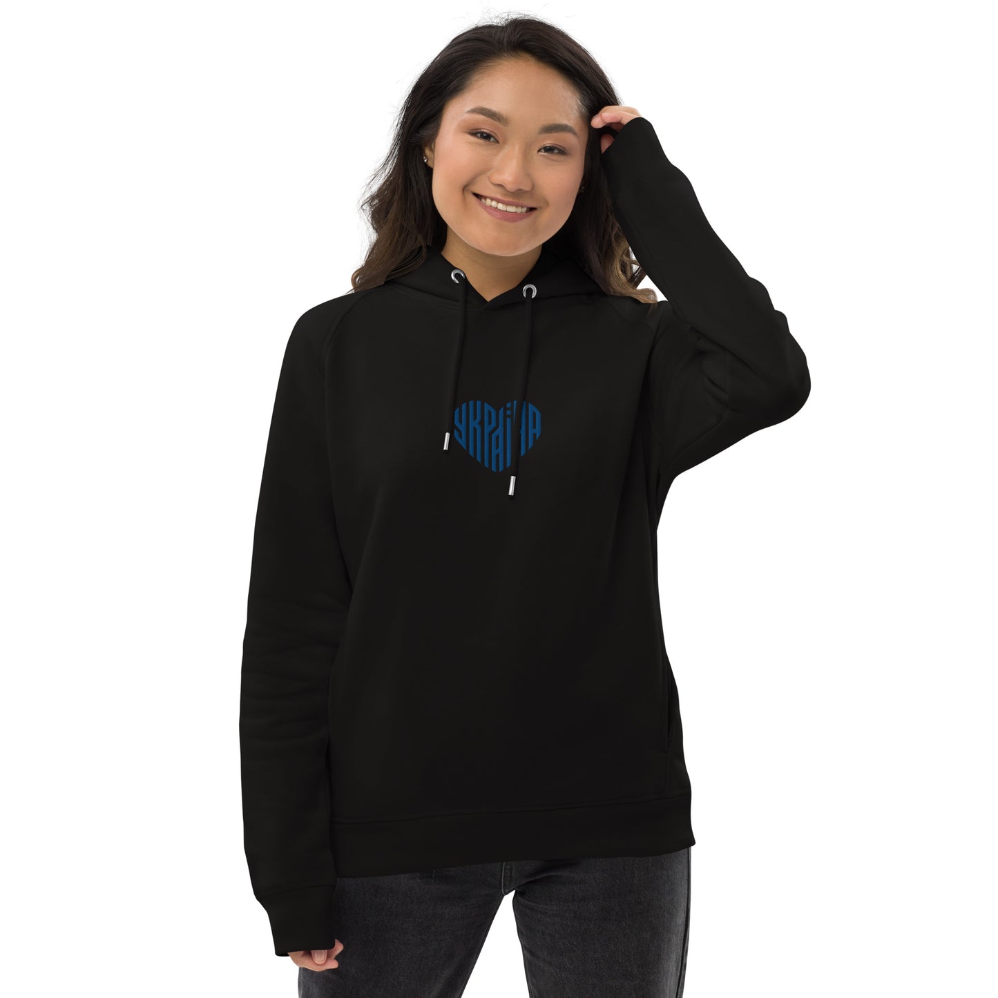 Heart Ukraine embroidered unisex pullover hoodie in black