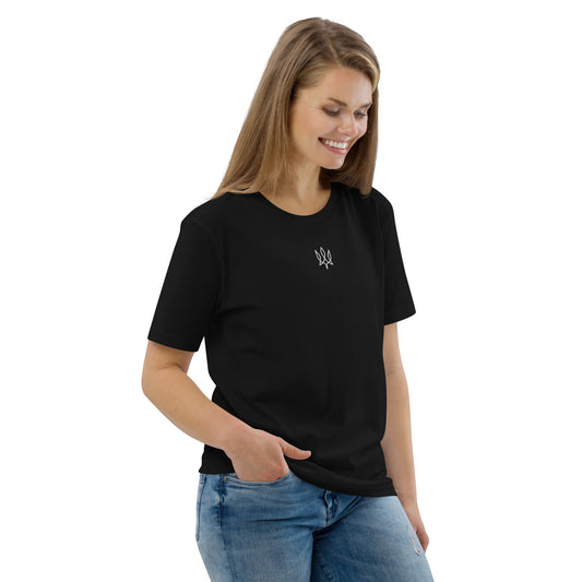 Unisex organic cotton t-shirt with Ukrainian tryzub embriodery in black