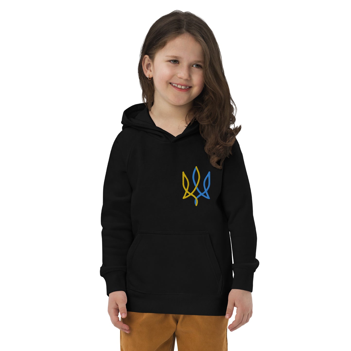 Kids eco hoodie with tryzub embroidery in color