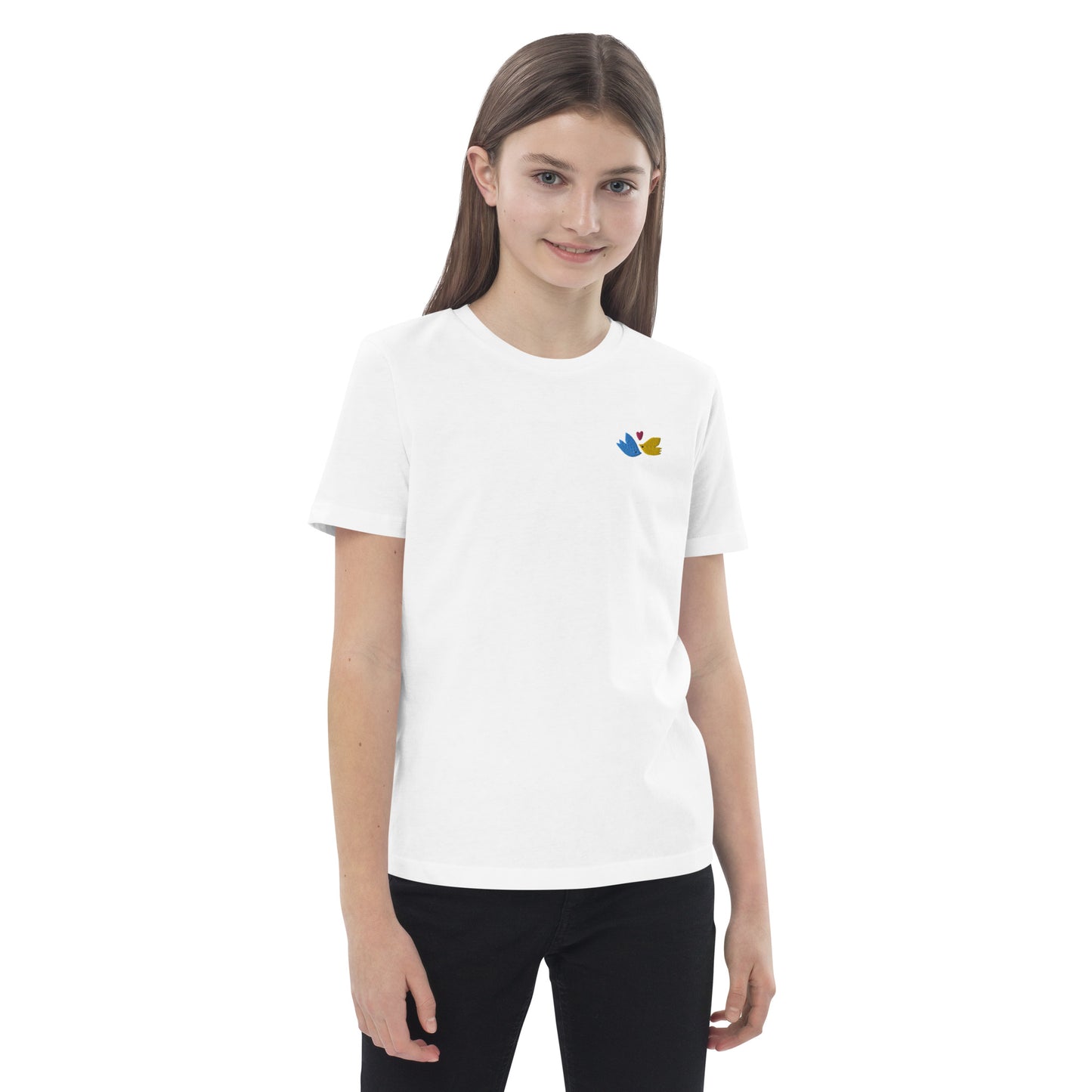 Birds organic embroidered cotton kids t-shirt in white 3-14 yrs