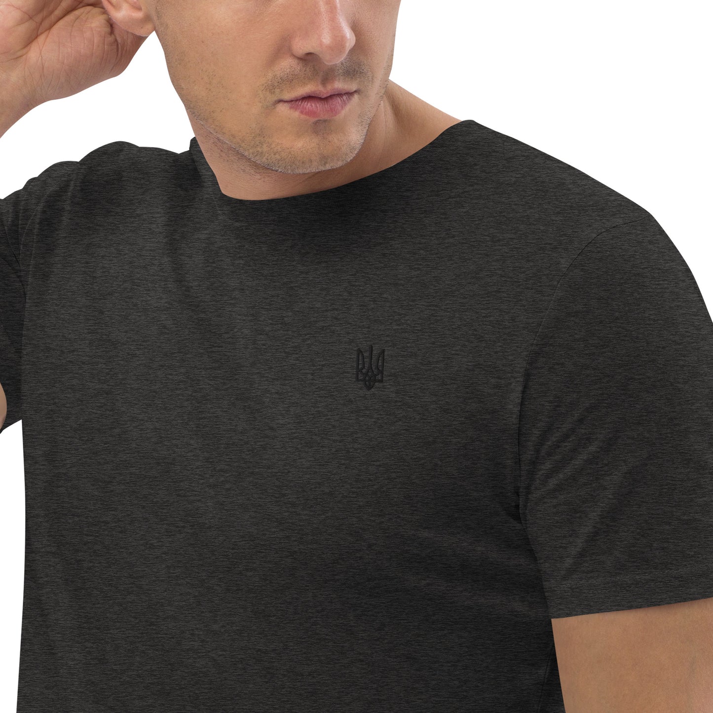 Minimalistic Tryzub Unisex organic cotton t-shirt with embroidery in dark grey