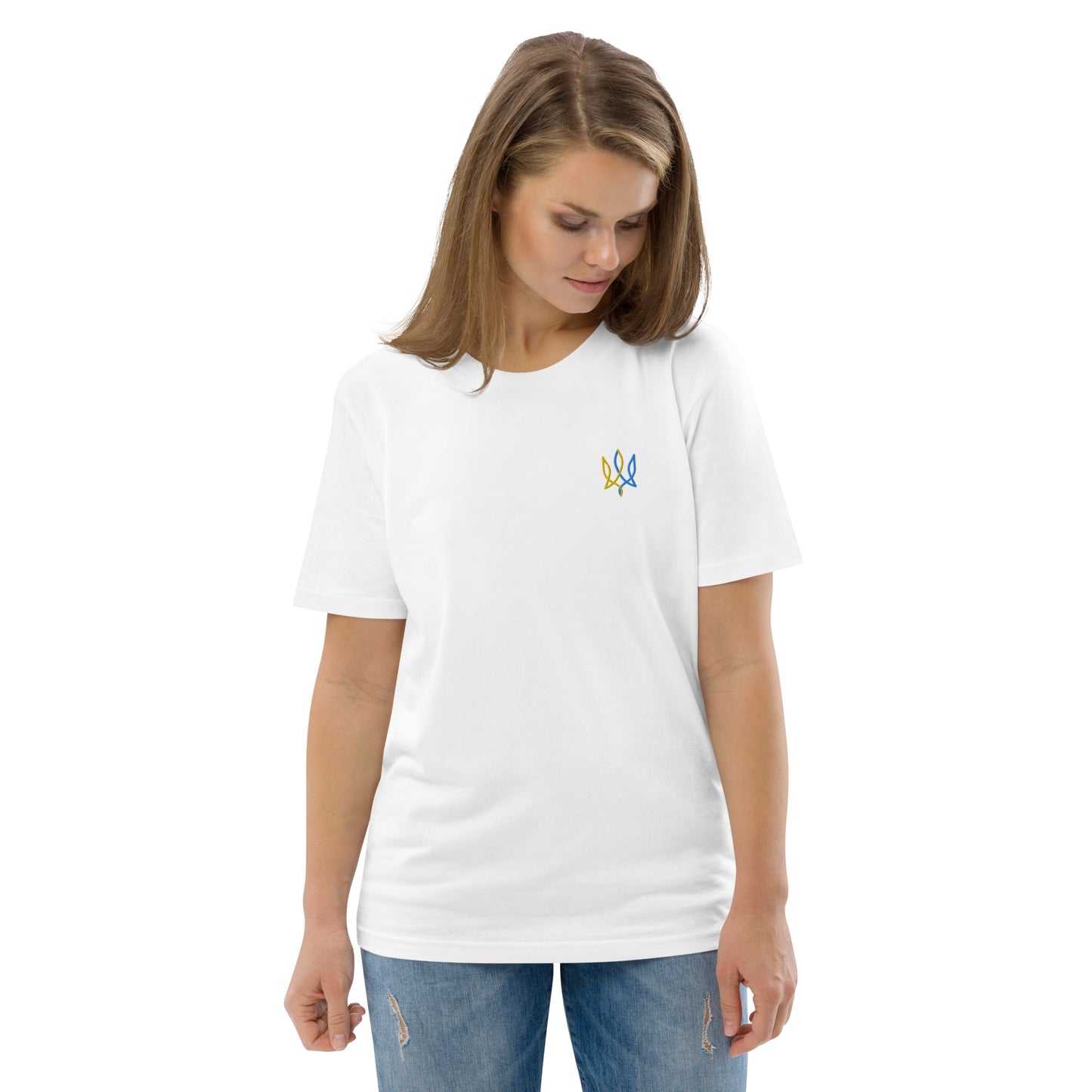 Two color trident unisex organic cotton t-shirt with embroidery in white