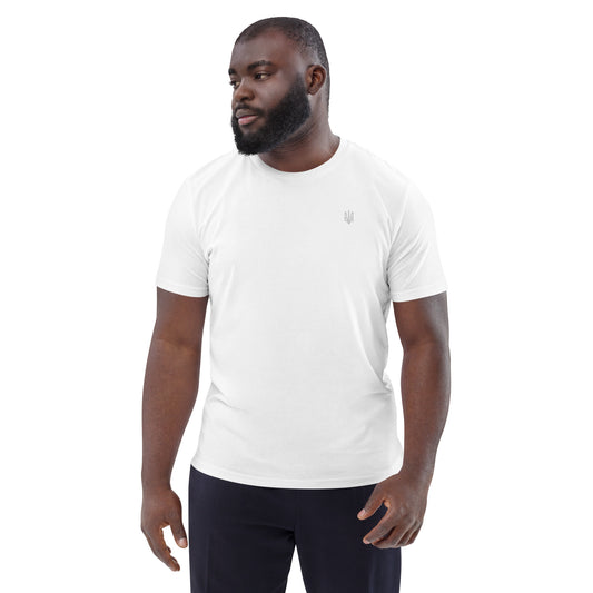 Minimalistic Tryzub Unisex organic cotton t-shirt with embroidery in white