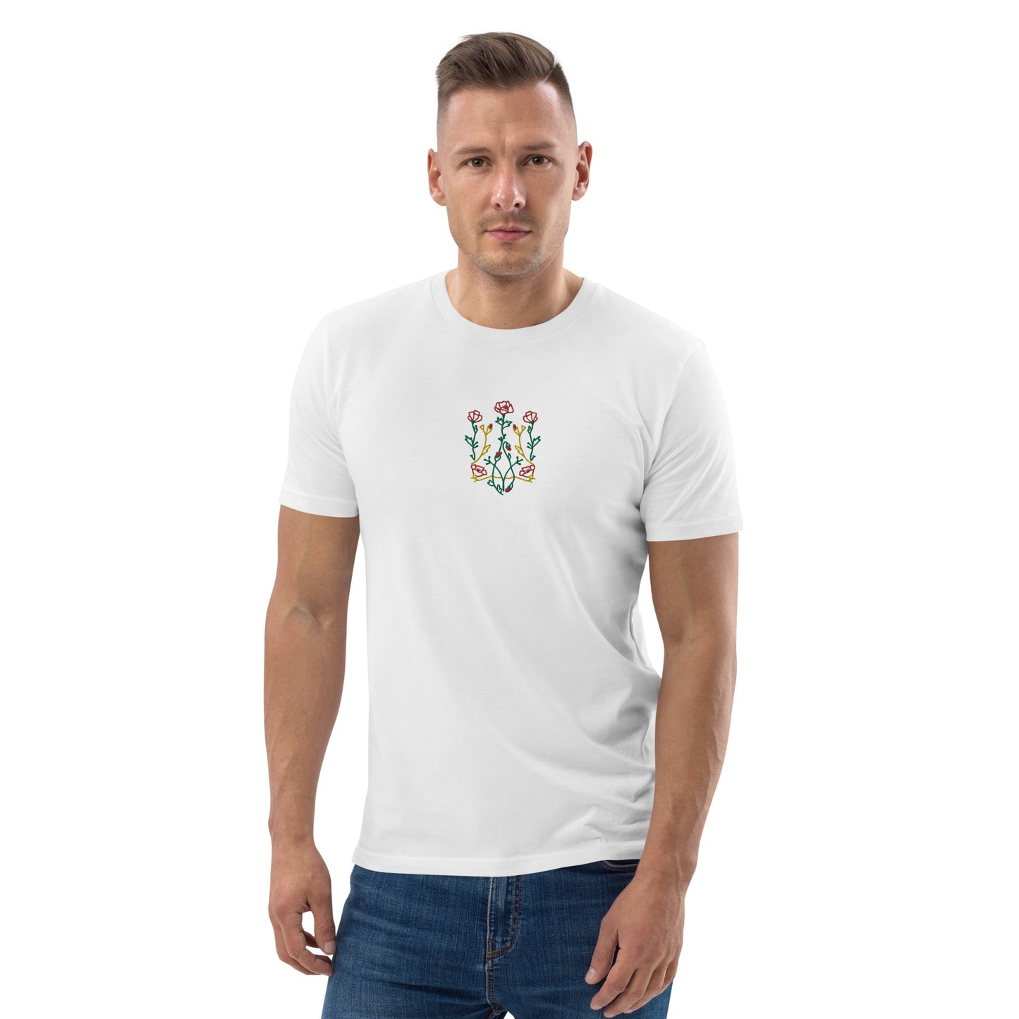Flower Trident by @vanilin_decor embroidered unisex organic cotton t-shirt in white