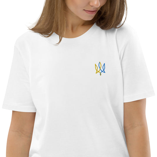 Two color trident unisex organic cotton t-shirt with embroidery in white