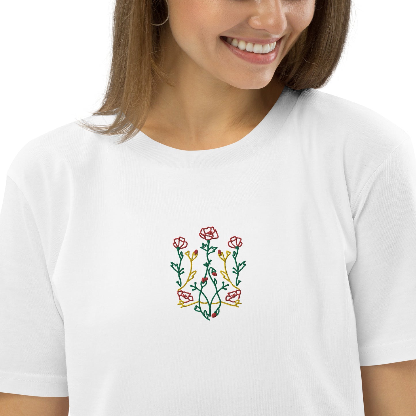 Flower Trident by @vanilin_decor embroidered unisex organic cotton t-shirt in white
